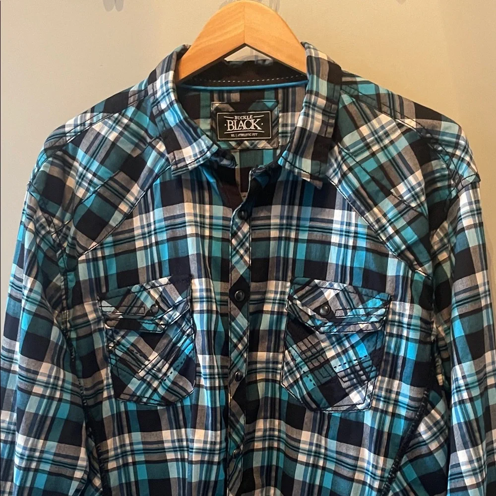 Buckle Black Mens Button Plaid Shirt in black, white and teal size XL
